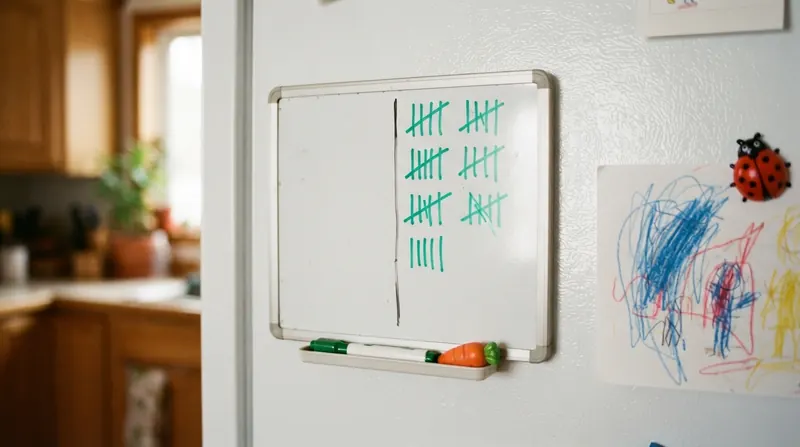 A small whiteboard on a white refrigerator door with a hand-drawn tally of marker strokes, a magnet shaped like a carrot and a green dry-erase marker
