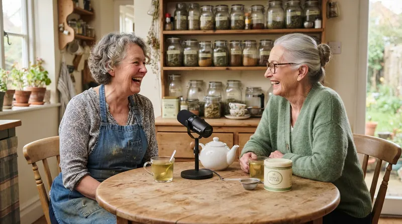 Two older women laughing at a wooden kitchen table with a small microphone, a teapot and two mugs between them, herb jars on shelves behind