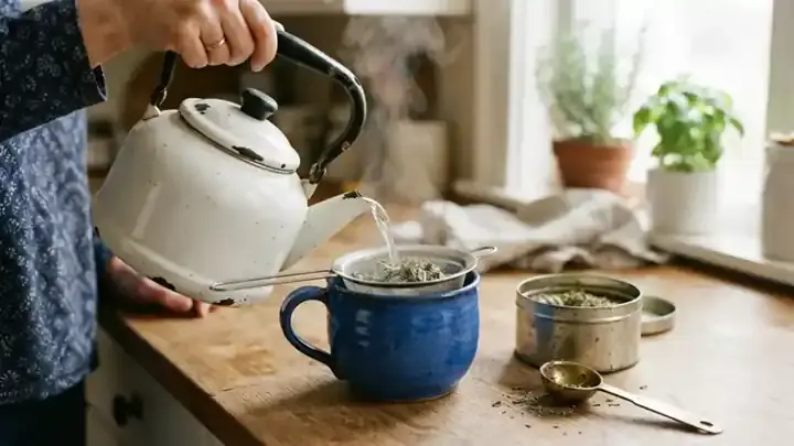 Boiling water pouring from a white enamel kettle over a mesh basket of loose herbs in a blue mug, steam rising, slow gentle zoom