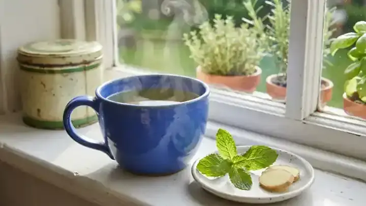 Soft steam rising from a cobalt-blue mug of pale green-gold herbal tea on a sunny kitchen windowsill beside a sprig of mint, slow gentle zoom