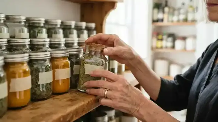 An older woman's hands placing a glass herb jar back on a wooden pantry shelf lined with labeled jars, slow gentle zoom