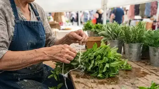 Weathered hands tying a bundle of fresh mint with kitchen string at a sunny market stall, buckets of herb bundles behind